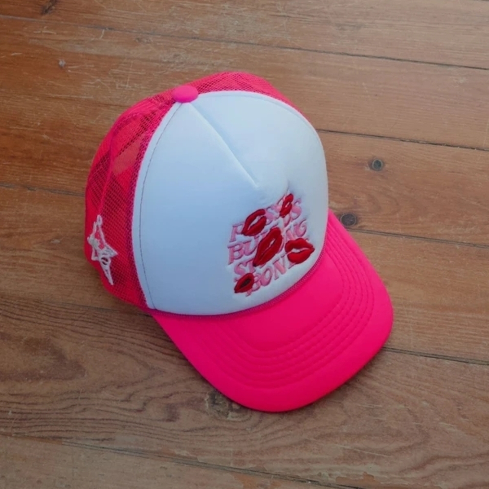 Kids Pink and White Trucker Hat with Lip Embroidery